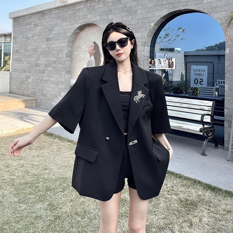 실사 정가 검정색 핫픽스 정장 여성 코트 여름 새로운 작은 대중 디자인 센스 루즈핏 반소매 어깨 패드 정장 상세 이미지 7