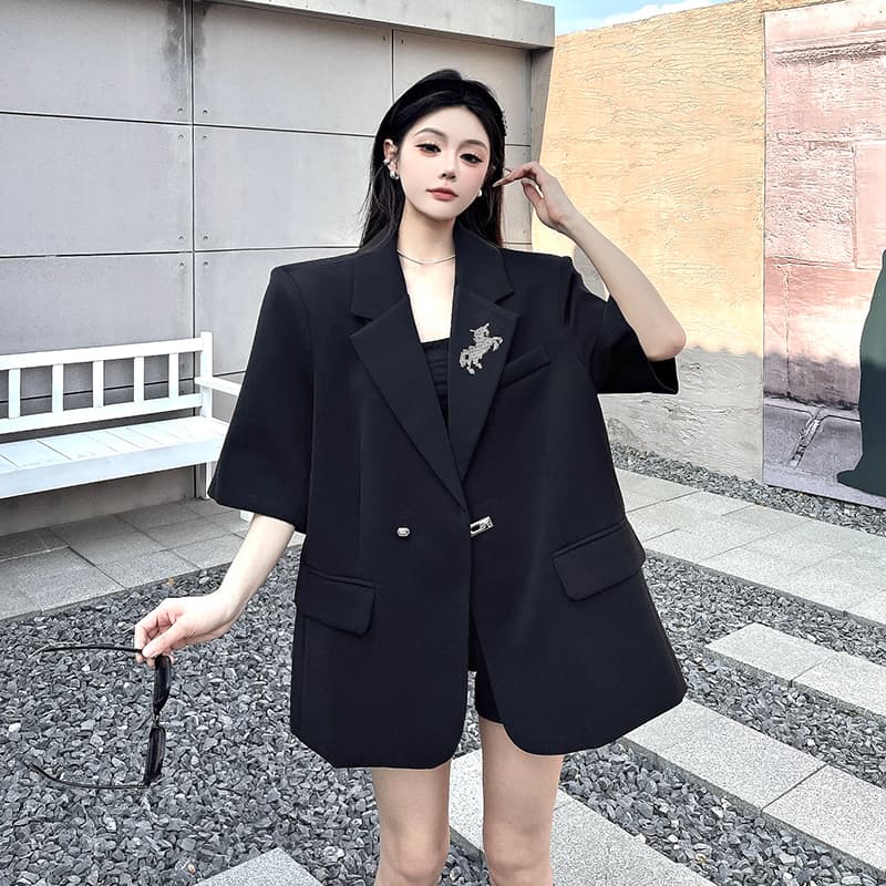 실사 정가 검정색 핫픽스 정장 여성 코트 여름 새로운 작은 대중 디자인 센스 루즈핏 반소매 어깨 패드 정장 상세 이미지 16