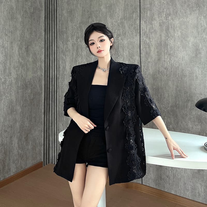 실사 정가 작은 대중 디자인 센스 레이스 조각 정장 여성 코트 여름 새로운 홀로우 아웃 디자인 반소매 정장 상세 이미지 5