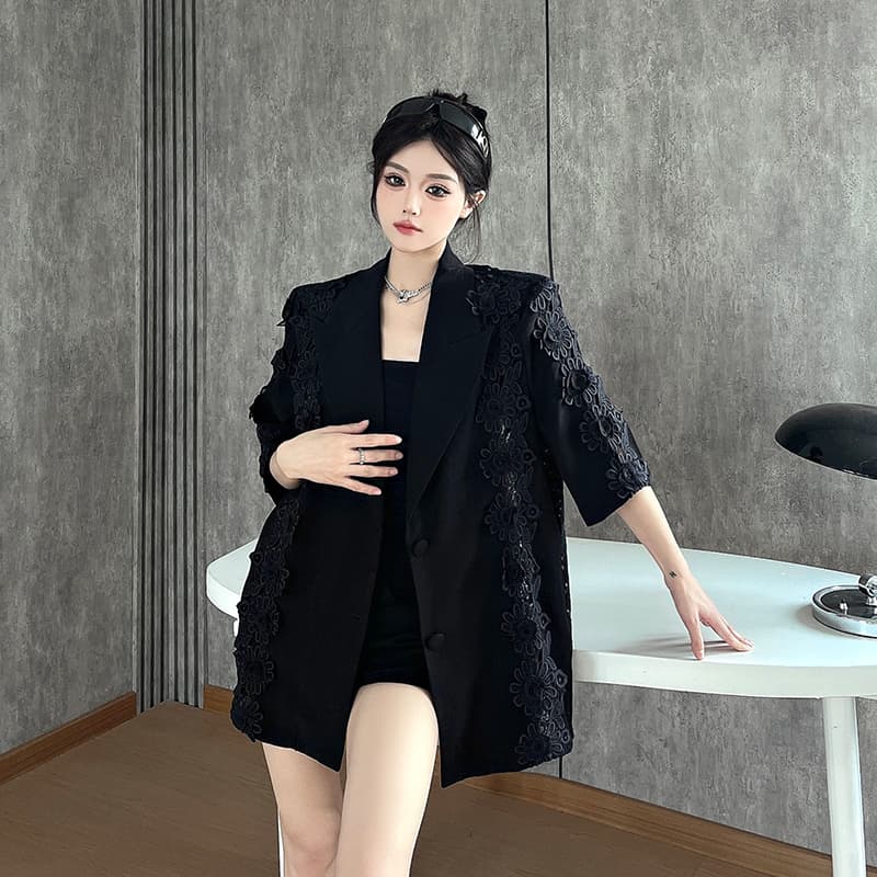실사 정가 작은 대중 디자인 센스 레이스 조각 정장 여성 코트 여름 새로운 홀로우 아웃 디자인 반소매 정장 상세 이미지 7