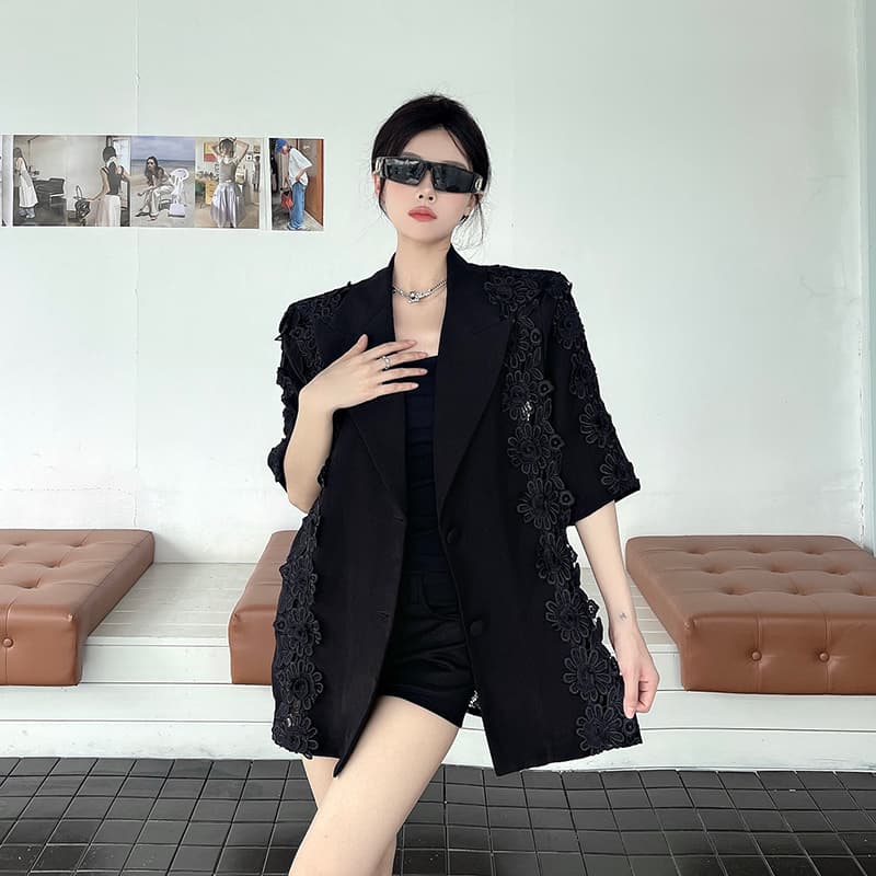 실사 정가 작은 대중 디자인 센스 레이스 조각 정장 여성 코트 여름 새로운 홀로우 아웃 디자인 반소매 정장 상세 이미지 15