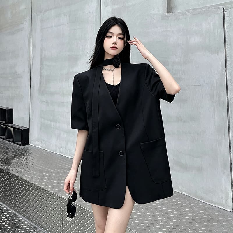 실사 정가 장미 브로치 검정색 리본 없음 칼라 정장 여성 코트 여름 반팔 루즈핏 품격 정장