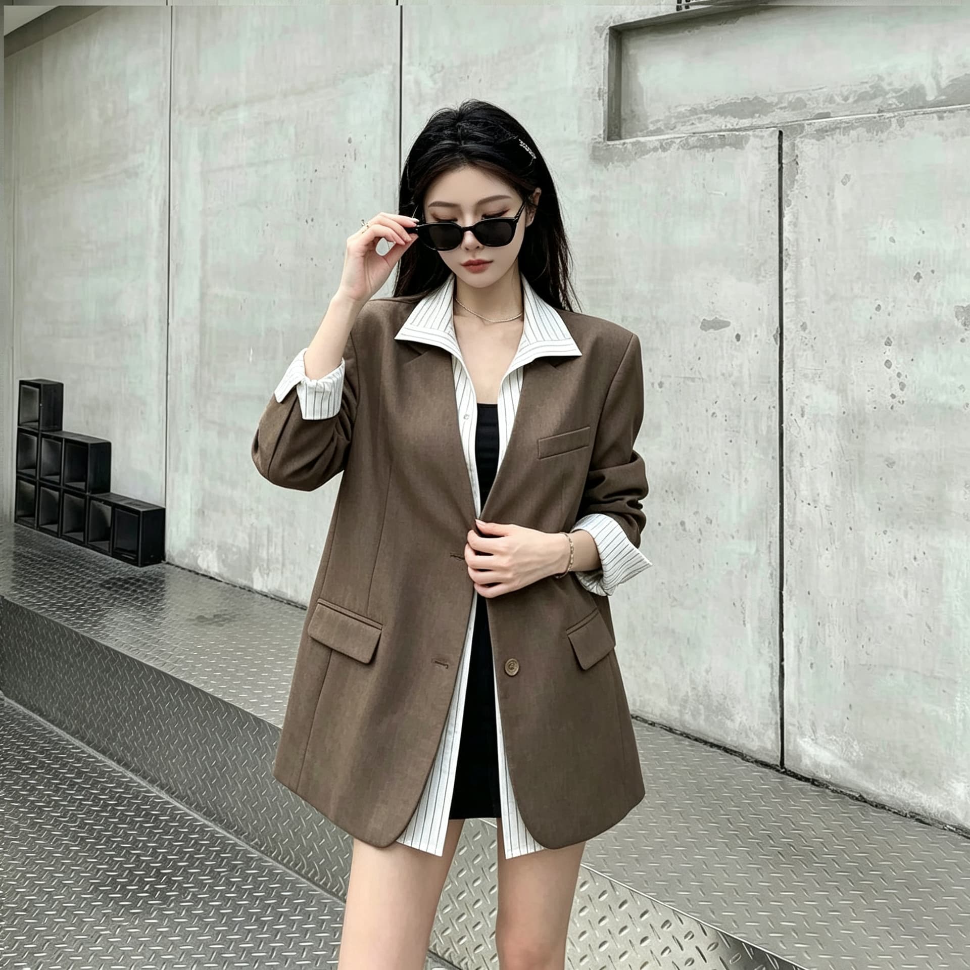 실사 정가 이른 가을 긴팔 스트라이프 패치워크 페이크 레이어드 정장 여성 코트 작은 대중 디자인 센스 어깨 패드 정장 이미지 4