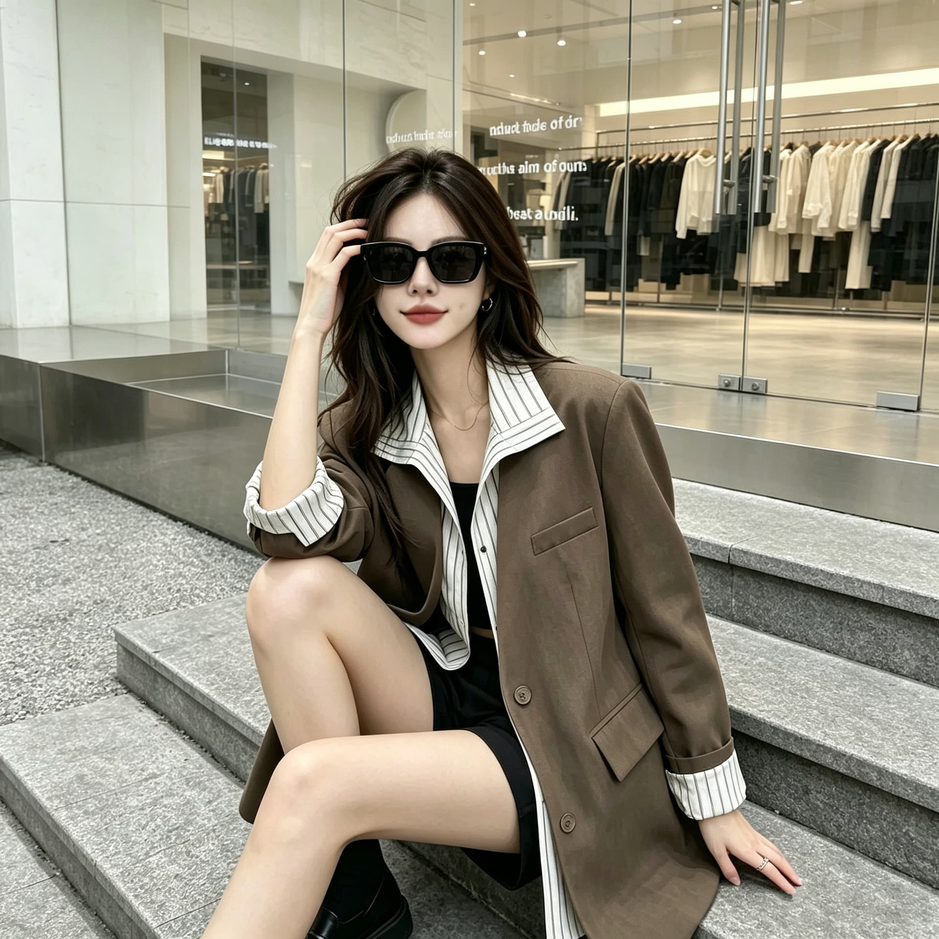 실사 정가 이른 가을 긴팔 스트라이프 패치워크 페이크 레이어드 정장 여성 코트 작은 대중 디자인 센스 어깨 패드 정장 이미지 3