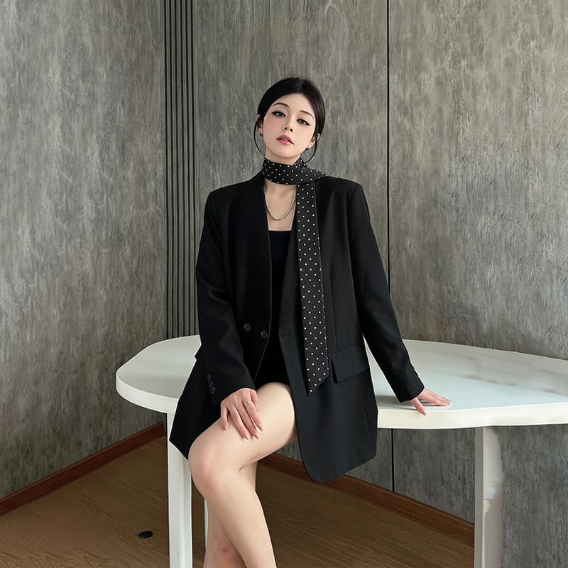 실사 정가 루즈핏 다용도 고급 센스 정장 여성 코트 가을 새로운 도트 무늬 레이스업 긴팔 어깨 패드 정장 상세 이미지 8