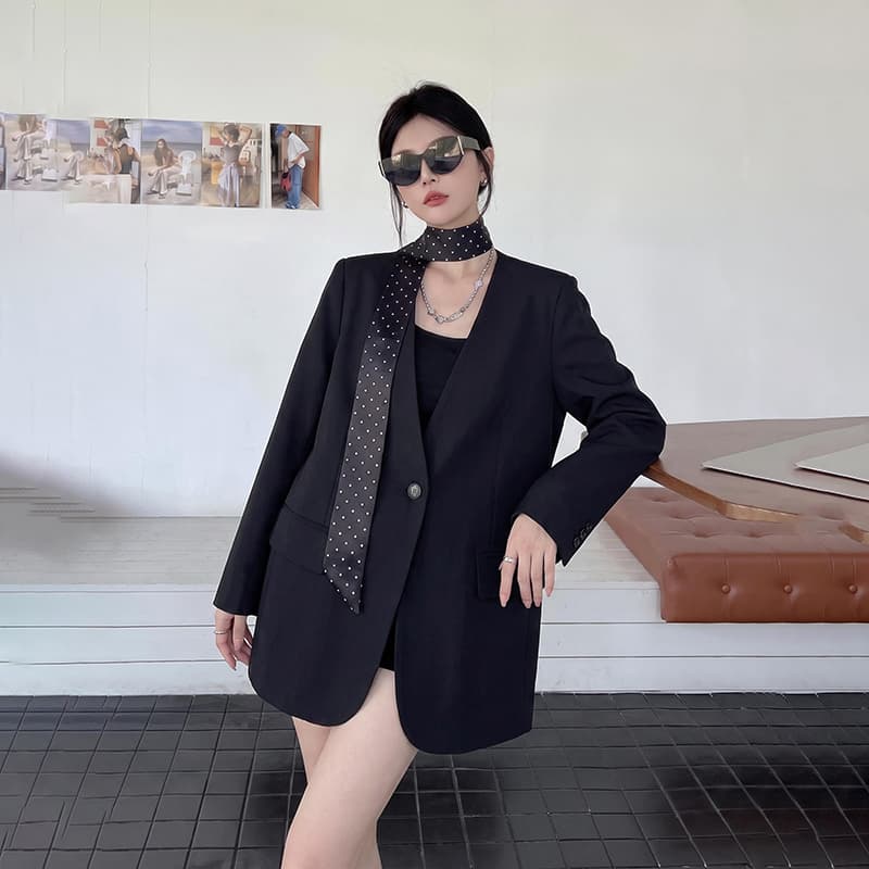 실사 정가 루즈핏 다용도 고급 센스 정장 여성 코트 가을 새로운 도트 무늬 레이스업 긴팔 어깨 패드 정장 상세 이미지 11