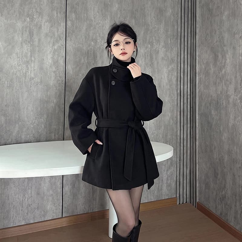 실사 정가 검정색 루즈핏 가을 어깨 레이스업 모직 여성 코트 가을 겨울 새로운 중간 길이 두꺼운 모직 코트 상세 이미지 2