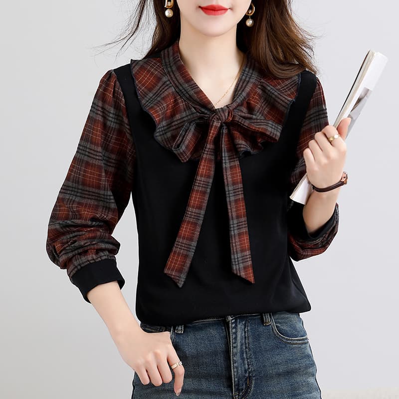 실사 체크무늬 나비 매듭 여성 셔츠 2026 봄 새로운 긴팔 다용도 품격 연령 감소 페이크 레이어드 맨위 이미지 2