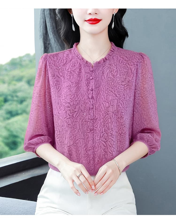 실사 2026 프릴 라운드 넥 외국 가스 꽃무늬 7부 소매 봄 여름 새로운 품격 슬림해 보이는 어머니 드레스 셔츠 상세 이미지 13