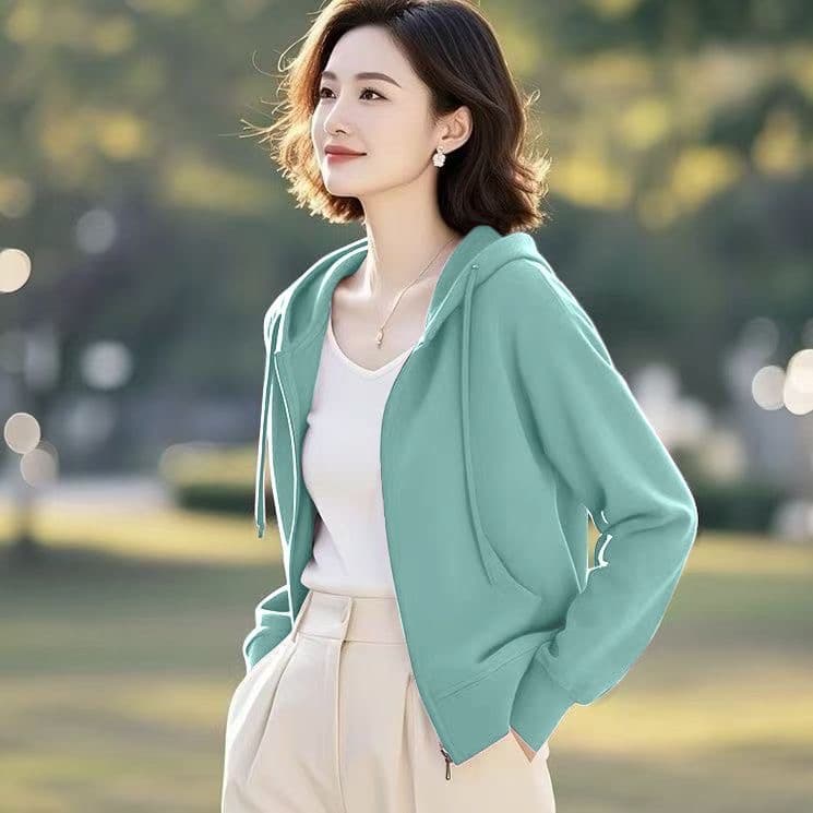 빅 사이즈 루즈핏 후드티 여성 한국 스타일 2026 봄 새로운 중노년 어머니 드레스 단색 후드 재킷 여성 긴 소매 상세 이미지 5