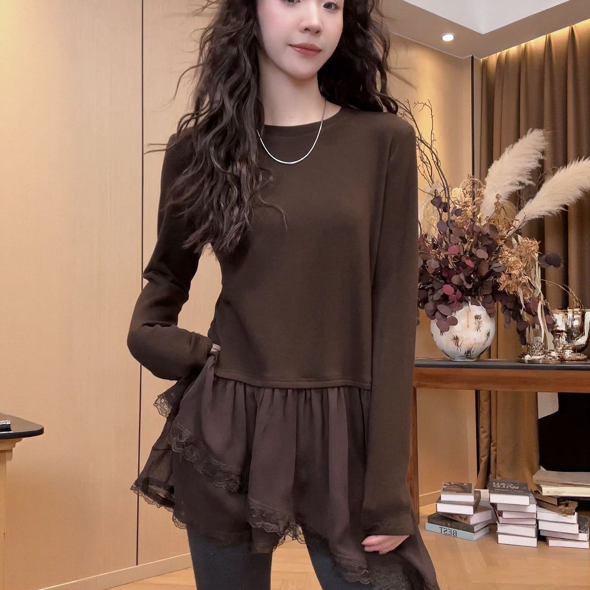 한 부서 프릴 패치워크 페이크 레이어드 긴팔 티셔츠 여성 겨울 표지 엉덩이 경기 상어 바지 중간 길이 만나는 맨위 이미지 2