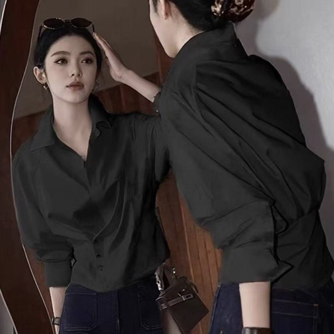 프랑스식 불규칙 긴팔 비스듬한 버클 여성 셔츠 조기 봄 가을 2026 새로운 슬림해 보이는 맨위 허리 수축 고급 센스 셔츠 이미지 2