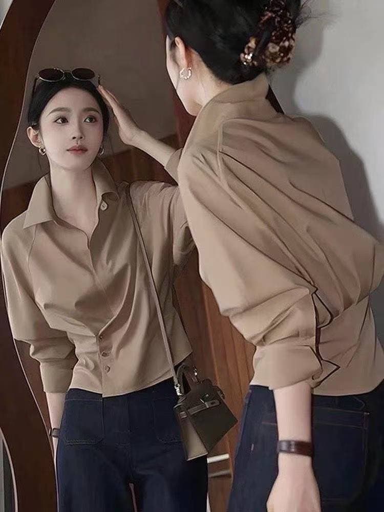 프랑스식 불규칙 긴팔 비스듬한 버클 여성 셔츠 조기 봄 가을 2026 새로운 슬림해 보이는 맨위 허리 수축 고급 센스 셔츠 이미지 4