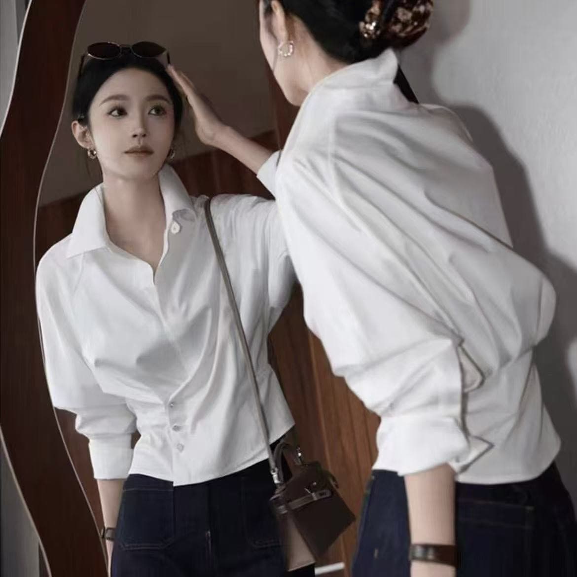 프랑스식 불규칙 긴팔 비스듬한 버클 여성 셔츠 조기 봄 가을 2026 새로운 슬림해 보이는 맨위 허리 수축 고급 센스 셔츠 이미지 3