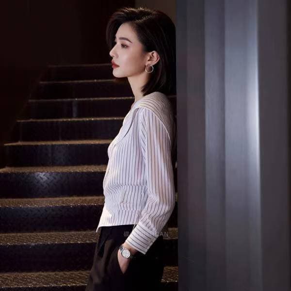 2026 봄 새로운 빛 요리 한 바람 스트라이프 긴팔 여성 셔츠 V넥 허리 수축 세련된 슬림해 보이는 빅 사이즈 인사이드 잡아라. 의류 상세 이미지 3
