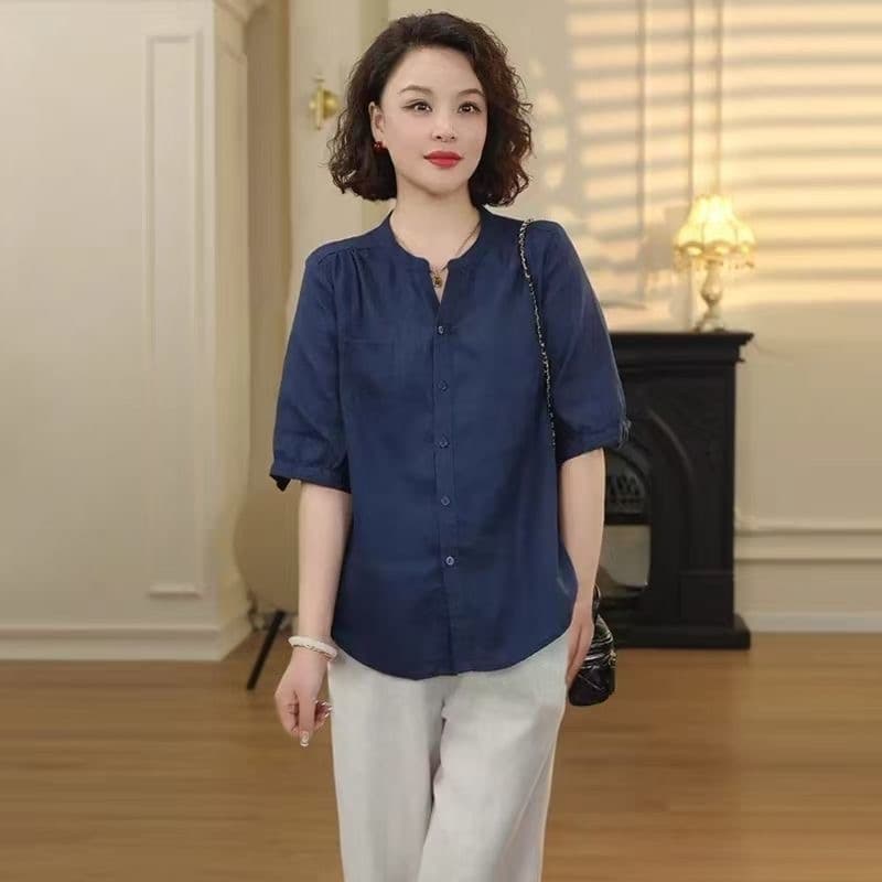고급 패션 주간 실크 여성 셔츠 여름 얇은 스타일 패션 셔츠 어머니 드레스 루즈핏 슬림해 보이는 연령 감소 반팔 맨위 이미지 2