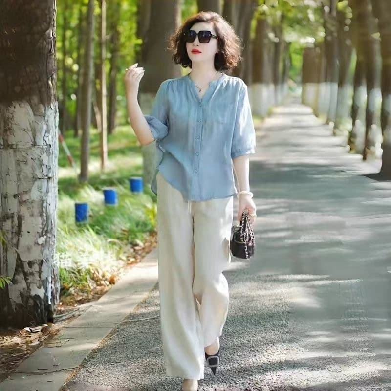 고급 패션 주간 실크 여성 셔츠 여름 얇은 스타일 패션 셔츠 어머니 드레스 루즈핏 슬림해 보이는 연령 감소 반팔 맨위 이미지 4