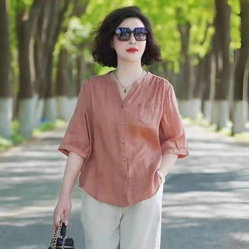 고급 패션 주간 실크 여성 셔츠 여름 얇은 스타일 패션 셔츠 어머니 드레스 루즈핏 슬림해 보이는 연령 감소 반팔 맨위 상세 이미지 6