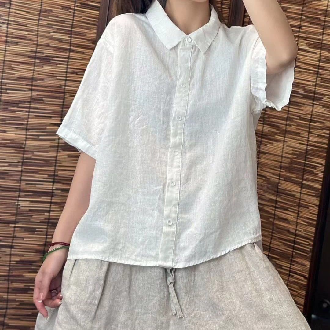 면 린넨 셔츠 얇은 스타일 여름 새로운 문예 캐주얼 단색 연령 감소 다용도 폴로 칼라 루즈핏 반팔 맨위 셔츠 이미지 2