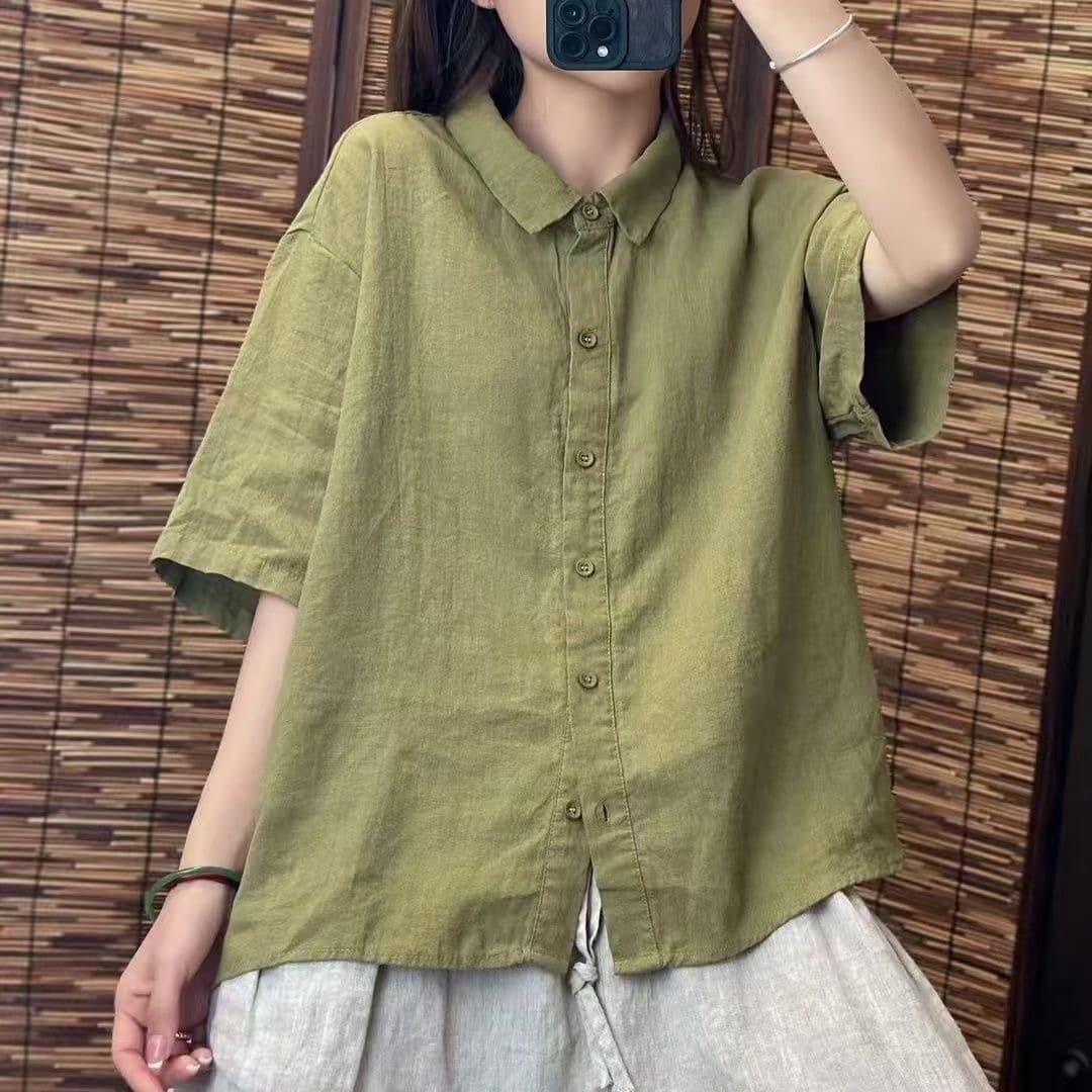 면 린넨 셔츠 얇은 스타일 여름 새로운 문예 캐주얼 단색 연령 감소 다용도 폴로 칼라 루즈핏 반팔 맨위 셔츠