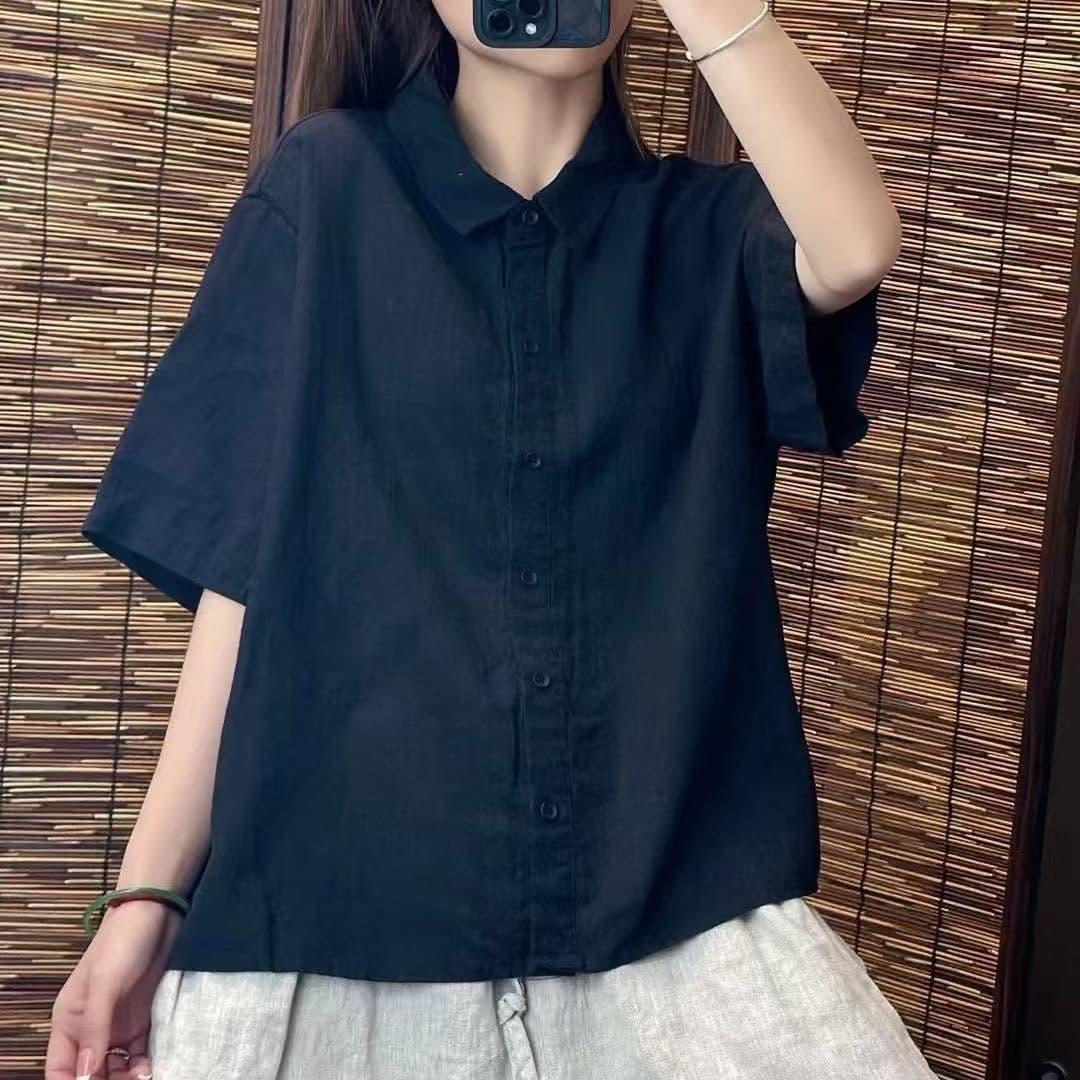 면 린넨 셔츠 얇은 스타일 여름 새로운 문예 캐주얼 단색 연령 감소 다용도 폴로 칼라 루즈핏 반팔 맨위 셔츠 이미지 4