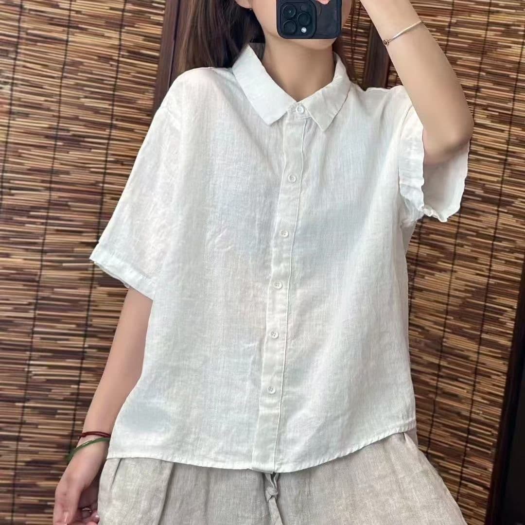 면 린넨 셔츠 얇은 스타일 여름 새로운 문예 캐주얼 단색 연령 감소 다용도 폴로 칼라 루즈핏 반팔 맨위 셔츠 상세 이미지 2