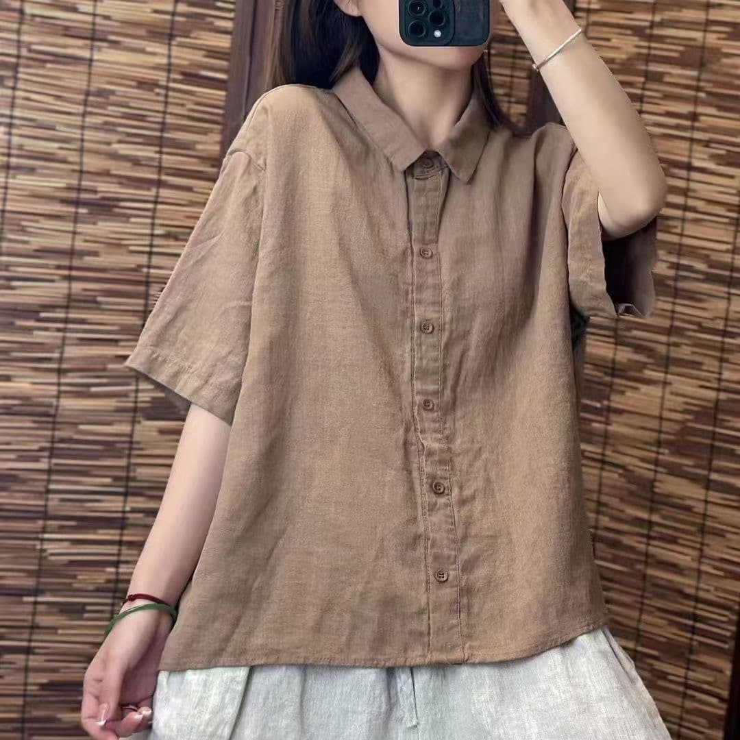면 린넨 셔츠 얇은 스타일 여름 새로운 문예 캐주얼 단색 연령 감소 다용도 폴로 칼라 루즈핏 반팔 맨위 셔츠 상세 이미지 7