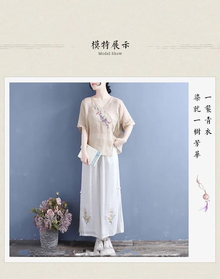 면 린넨 셔츠 맨위 여성 민족 레트로 스타일 문예 루즈핏 자수 한푸 성인 순면 V넥 티셔츠 반팔 여름 상세 이미지 8