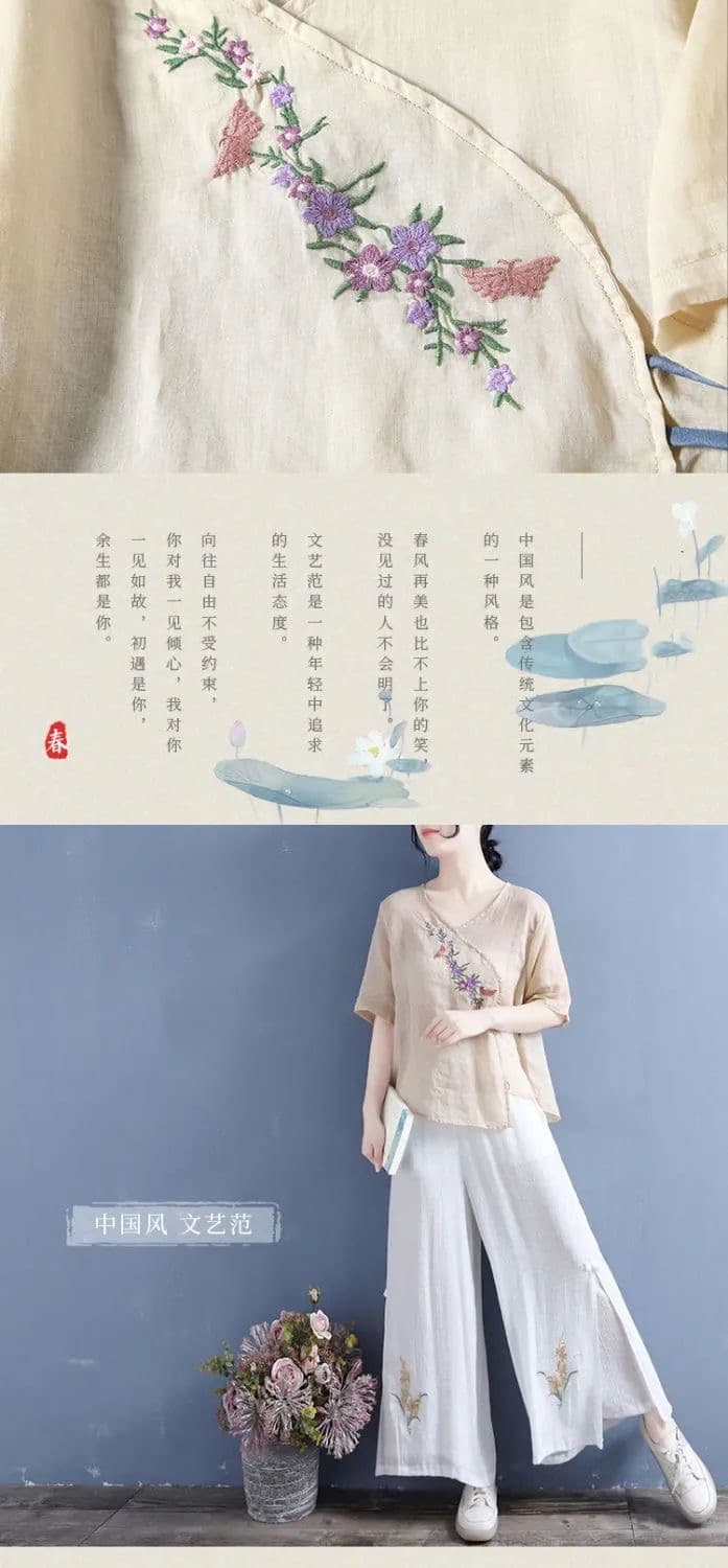 면 린넨 셔츠 맨위 여성 민족 레트로 스타일 문예 루즈핏 자수 한푸 성인 순면 V넥 티셔츠 반팔 여름 상세 이미지 9