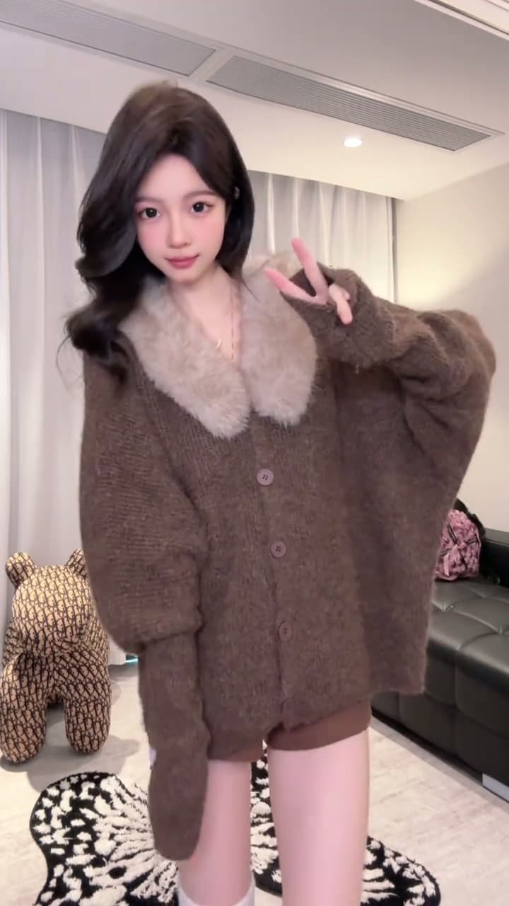 모피 칼라 패치워크 빨간색 자이언트 잘 생긴 스웨터 여자 패션 외국 가스 세련된 한국 스타일 루즈핏 느긋한 바람 니트 스웨터 맨위 상세 이미지 4