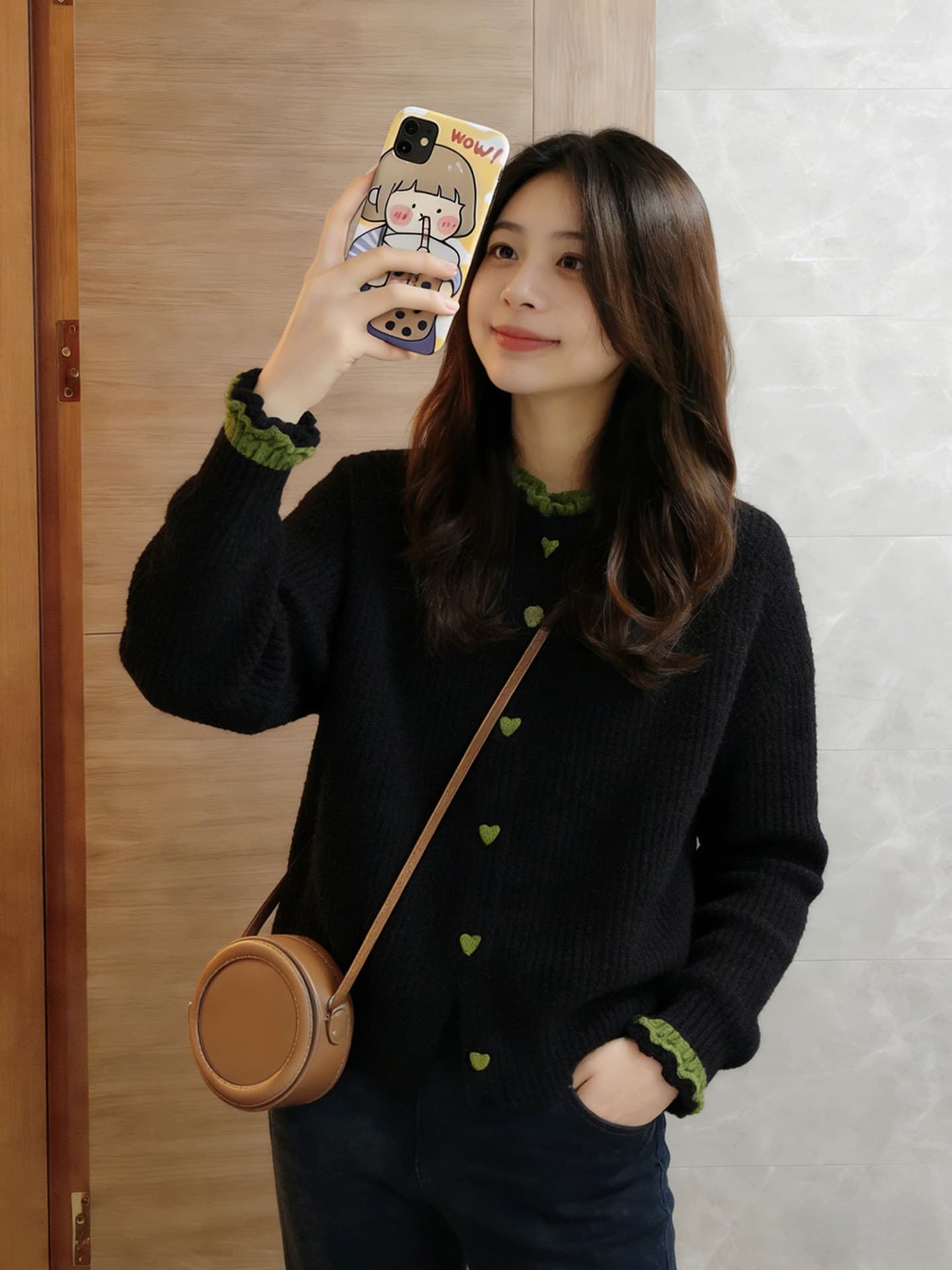 블랙 녹색 배색 프릴 페이크 레이어드 니트 오픈 가디건 2026 여름 한 부서 자이언트 잘 생긴 다용도 Chic 맨위 여성 상세 이미지 2