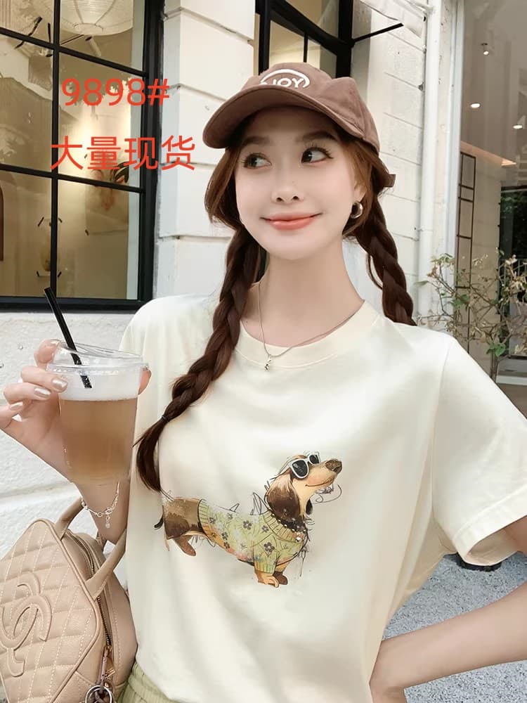 아름다움 대양 meiyang 작은 소시지 티셔츠 7a 항균 수채화 바람 프린트 비즈 박기 라운드 넥 반팔 맨위 수요일