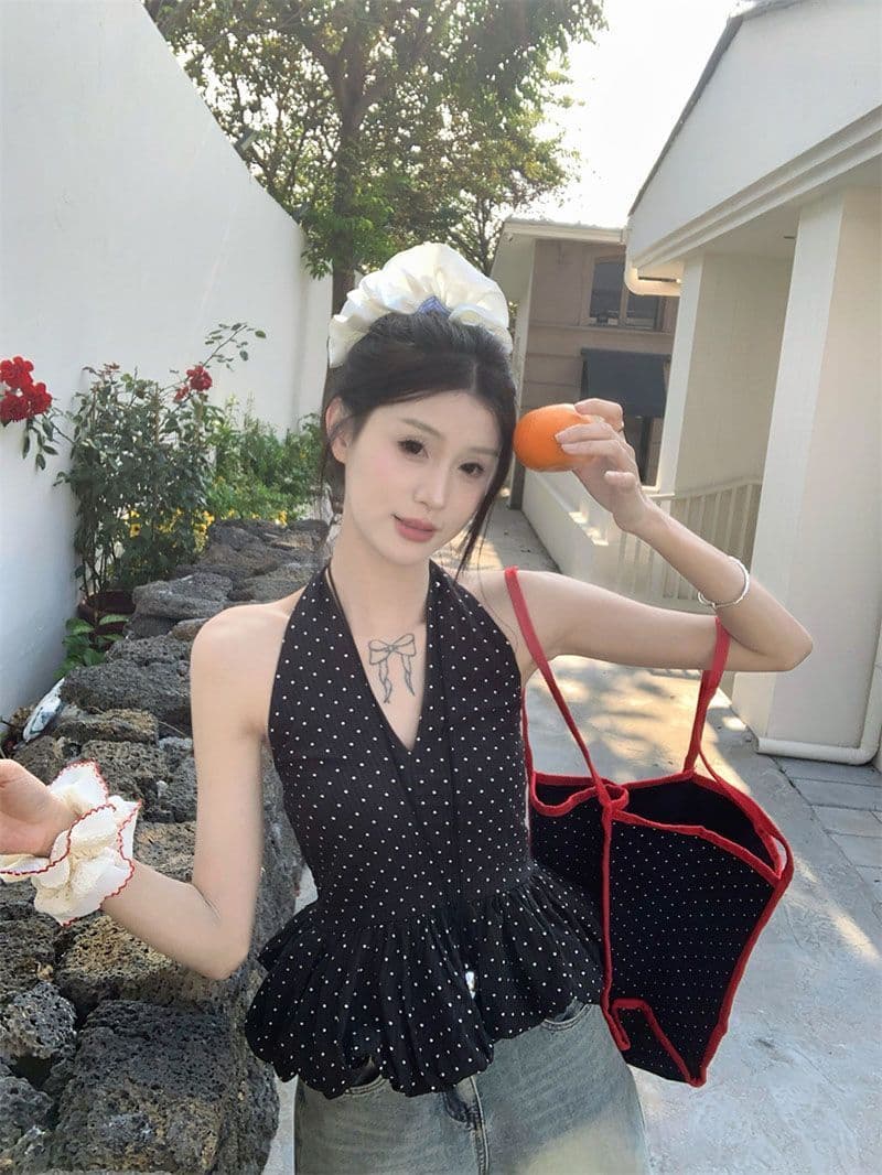 한 부서 핫걸 도트 무늬 레이스업 행침 목 캐미솔 여름 섹시한 아름다움 뒤로 몸매 가꾸기 순수한 욕망 외출용 짧은 맨위 상세 이미지 2