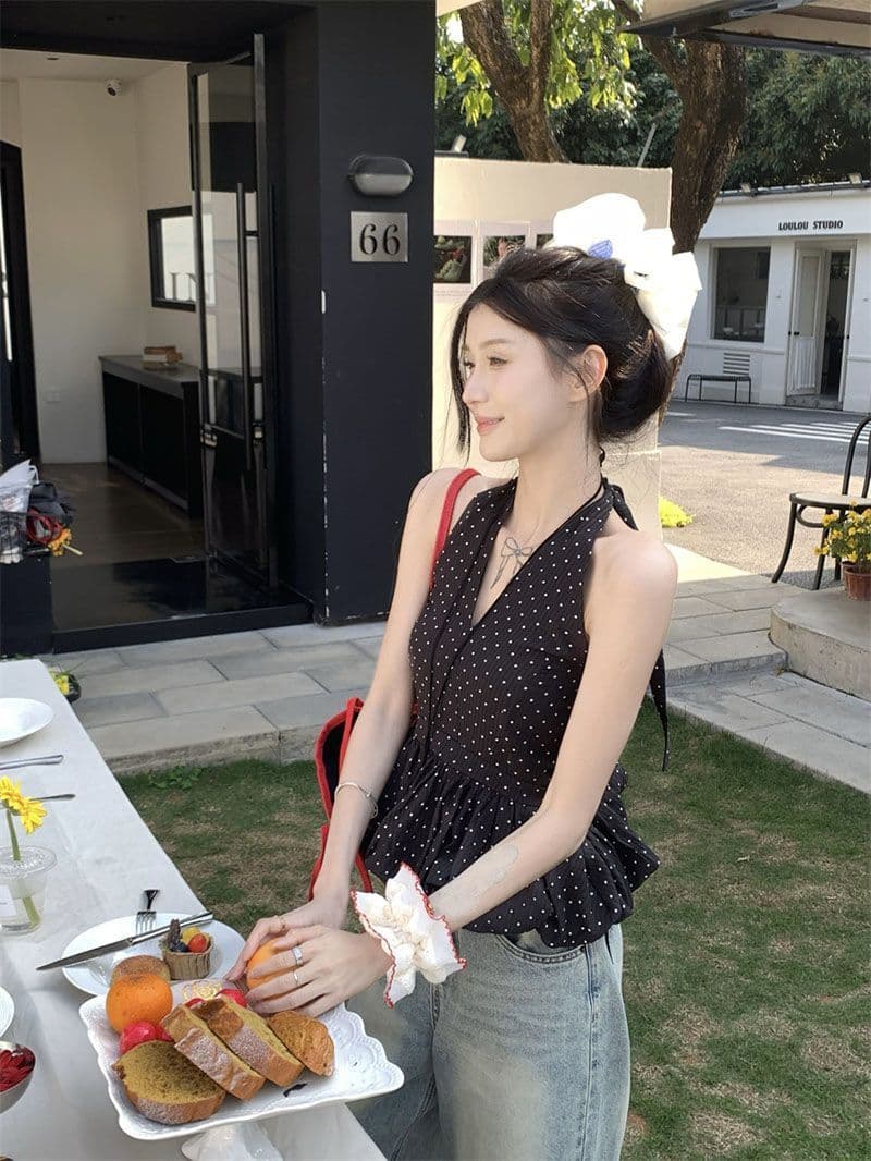 한 부서 핫걸 도트 무늬 레이스업 행침 목 캐미솔 여름 섹시한 아름다움 뒤로 몸매 가꾸기 순수한 욕망 외출용 짧은 맨위 상세 이미지 7