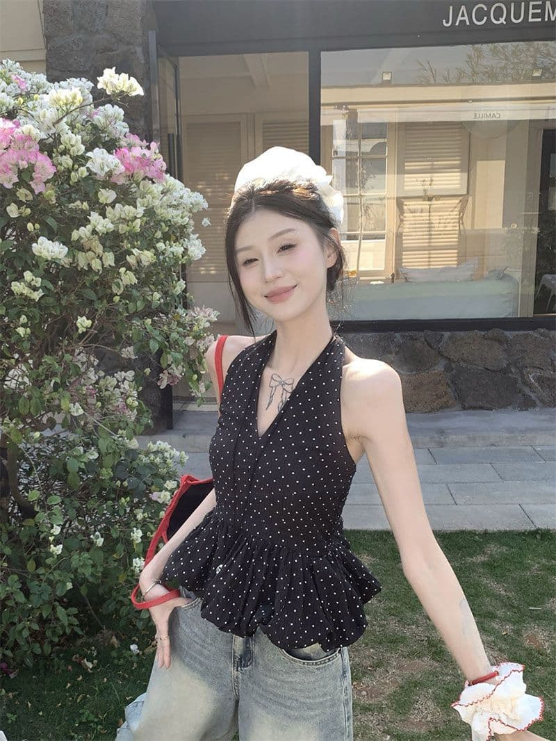 한 부서 핫걸 도트 무늬 레이스업 행침 목 캐미솔 여름 섹시한 아름다움 뒤로 몸매 가꾸기 순수한 욕망 외출용 짧은 맨위 상세 이미지 8