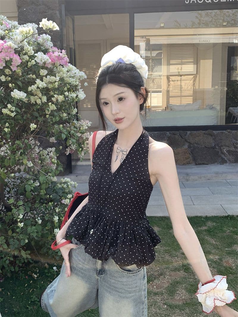 한 부서 핫걸 도트 무늬 레이스업 행침 목 캐미솔 여름 섹시한 아름다움 뒤로 몸매 가꾸기 순수한 욕망 외출용 짧은 맨위 상세 이미지 9