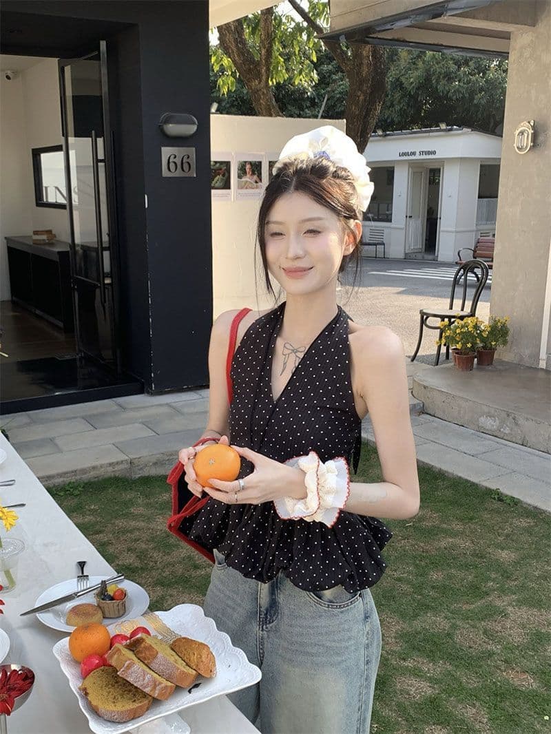 한 부서 핫걸 도트 무늬 레이스업 행침 목 캐미솔 여름 섹시한 아름다움 뒤로 몸매 가꾸기 순수한 욕망 외출용 짧은 맨위 상세 이미지 10