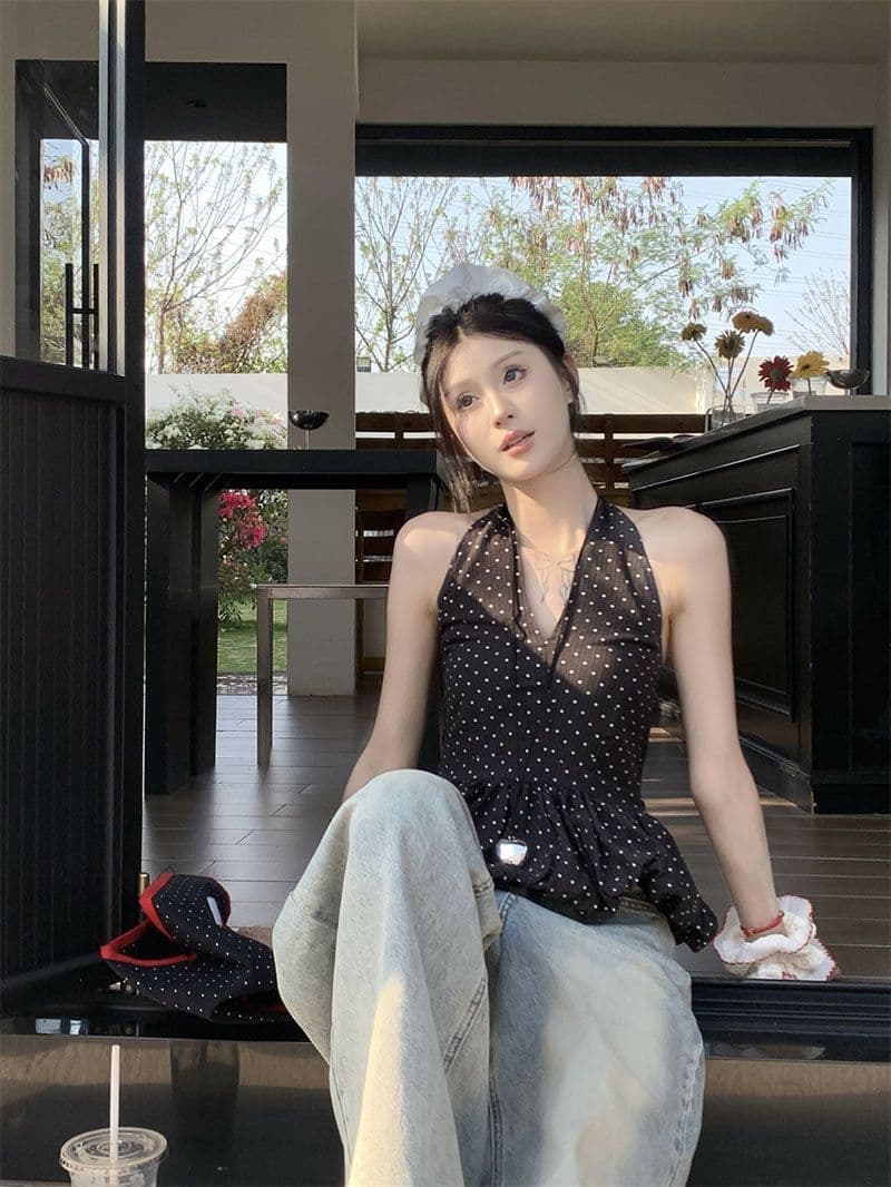 한 부서 핫걸 도트 무늬 레이스업 행침 목 캐미솔 여름 섹시한 아름다움 뒤로 몸매 가꾸기 순수한 욕망 외출용 짧은 맨위 상세 이미지 11
