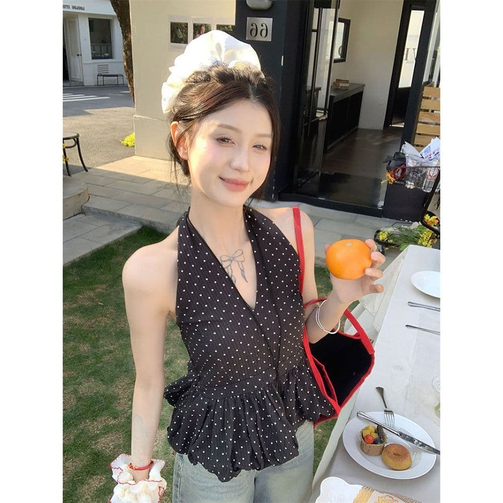 한 부서 핫걸 도트 무늬 레이스업 행침 목 캐미솔 여름 섹시한 아름다움 뒤로 몸매 가꾸기 순수한 욕망 외출용 짧은 맨위 상세 이미지 13