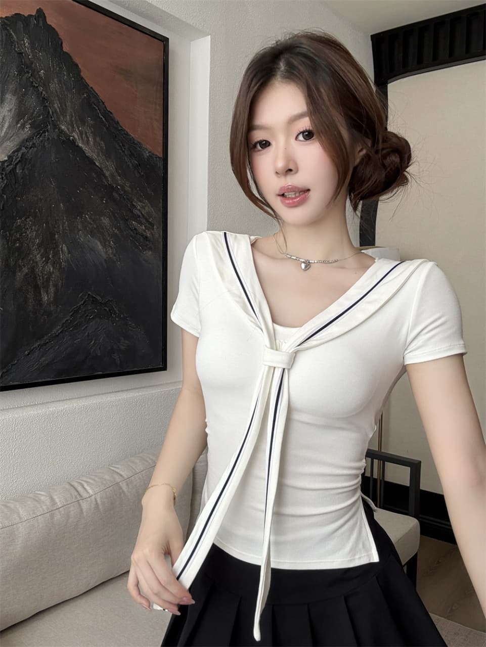 나만의 것을 가져와 라. 가슴 패드 여름 출퇴근 아름다운 연령 감소 작은 맨위 해군 칼라 화이트 반팔 티셔츠 여성 핫걸 맨위 트렌디 이미지 2