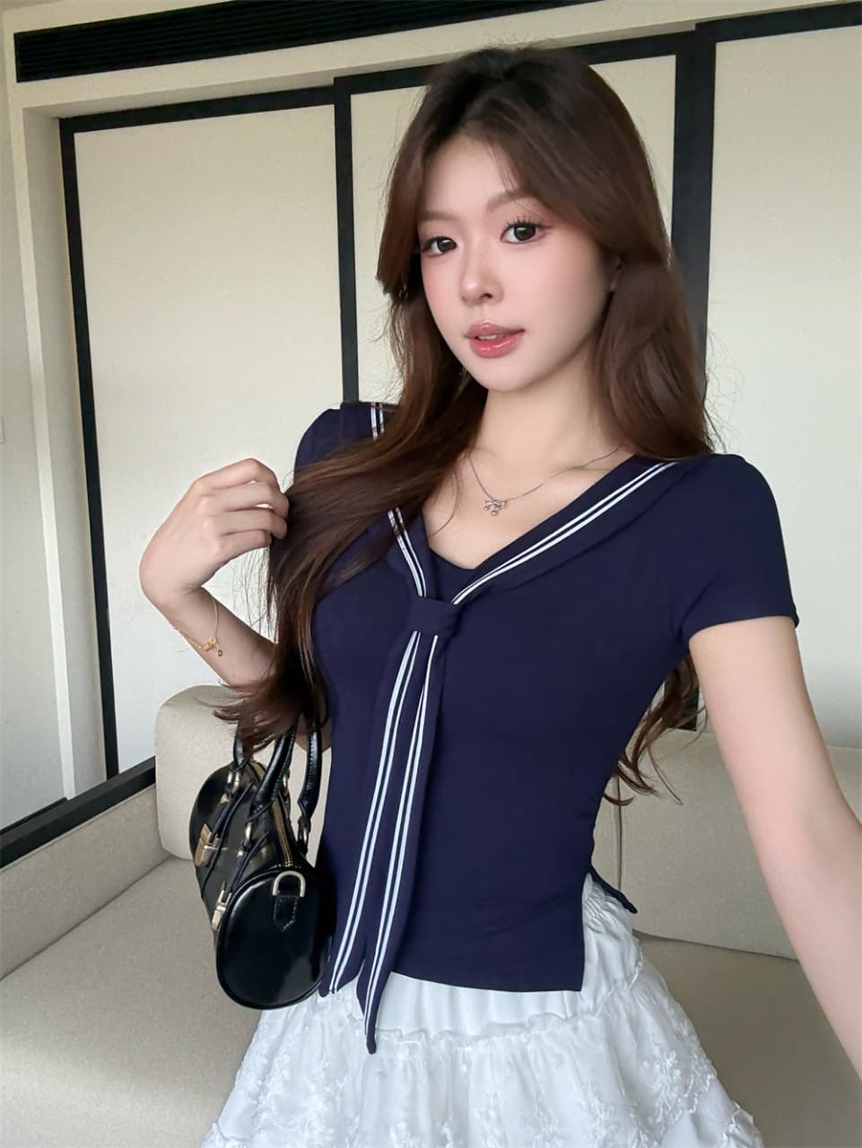 나만의 것을 가져와 라. 가슴 패드 여름 출퇴근 아름다운 연령 감소 작은 맨위 해군 칼라 화이트 반팔 티셔츠 여성 핫걸 맨위 트렌디 상세 이미지 7