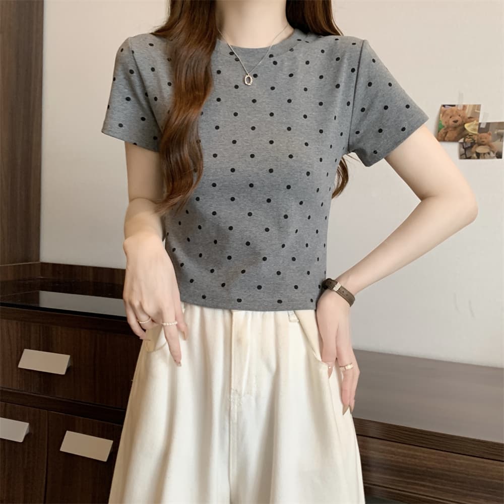40 순면 210 그램 92 면 8 암모니아 Lun 반팔 티셔츠 여성 천 인쇄 도트 무늬 상세 이미지 7