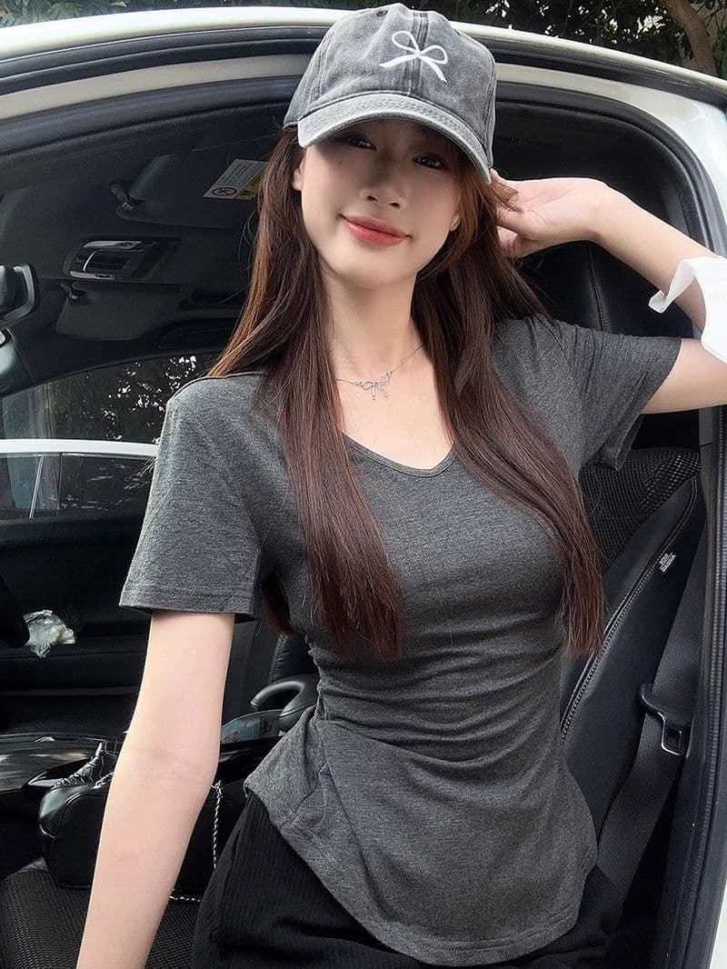 순수한 욕망 바람 몸매 가꾸기 긍정적 인 어깨 V넥 반팔 티셔츠 여성 여름 새로운 불규칙 허리 수축 슬림해 보이는 회색 다용도 맨위 상세 이미지 20