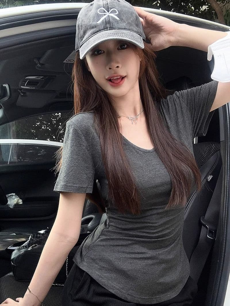 순수한 욕망 바람 몸매 가꾸기 긍정적 인 어깨 V넥 반팔 티셔츠 여성 여름 새로운 불규칙 허리 수축 슬림해 보이는 회색 다용도 맨위 상세 이미지 21
