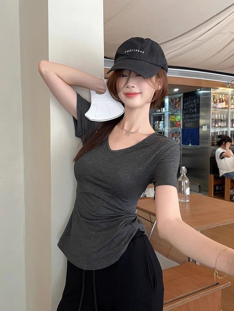 순수한 욕망 바람 몸매 가꾸기 긍정적 인 어깨 V넥 반팔 티셔츠 여성 여름 새로운 불규칙 허리 수축 슬림해 보이는 회색 다용도 맨위 상세 이미지 22