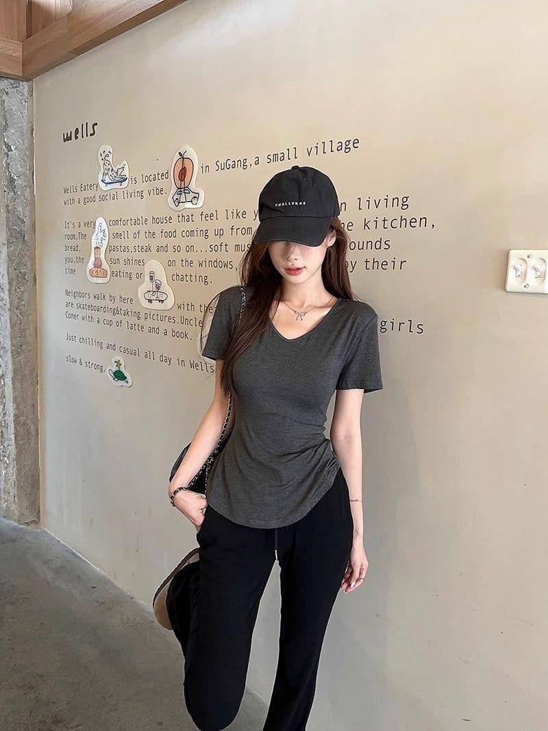 순수한 욕망 바람 몸매 가꾸기 긍정적 인 어깨 V넥 반팔 티셔츠 여성 여름 새로운 불규칙 허리 수축 슬림해 보이는 회색 다용도 맨위 상세 이미지 25
