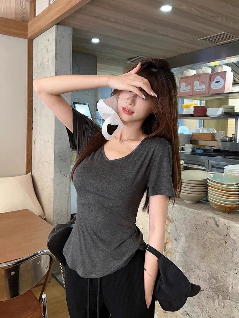 순수한 욕망 바람 몸매 가꾸기 긍정적 인 어깨 V넥 반팔 티셔츠 여성 여름 새로운 불규칙 허리 수축 슬림해 보이는 회색 다용도 맨위 상세 이미지 27