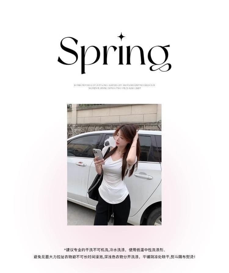 순수한 욕망 바람 몸매 가꾸기 긍정적 인 어깨 V넥 반팔 티셔츠 여성 여름 새로운 불규칙 허리 수축 슬림해 보이는 회색 다용도 맨위 상세 이미지 29