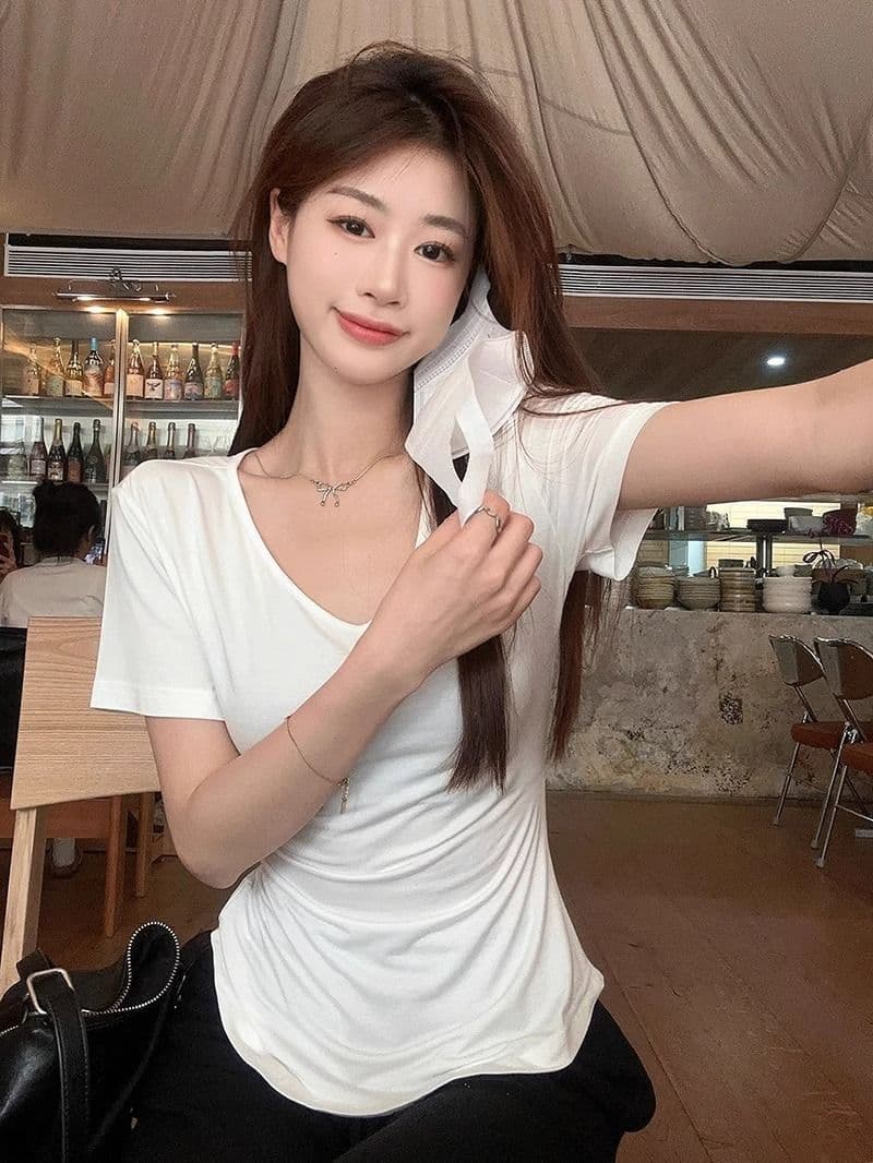 순수한 욕망 바람 몸매 가꾸기 긍정적 인 어깨 V넥 반팔 티셔츠 여성 여름 새로운 불규칙 허리 수축 슬림해 보이는 회색 다용도 맨위 상세 이미지 32