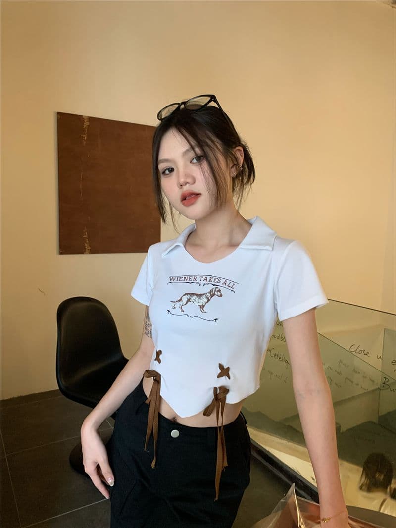 아메리칸 달콤한 핫걸 쇼트 스타일 반팔 티셔츠 여성 몸매 가꾸기 프랑스식 디자인 센스 작은 대중 고유 한 Chic POLO 칼라 맨위 상세 이미지 1